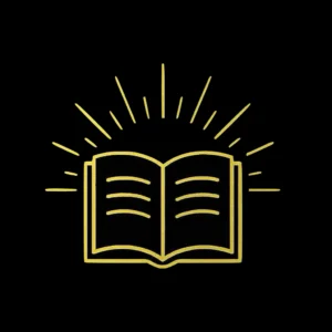 Gold glowing open book icon with radiant lines on black background, representing wisdom, learning, and revelation