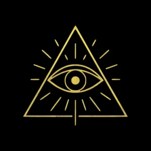 Gold all-seeing eye icon within a triangle on black background, symbolizing esoteric vision and inner truth