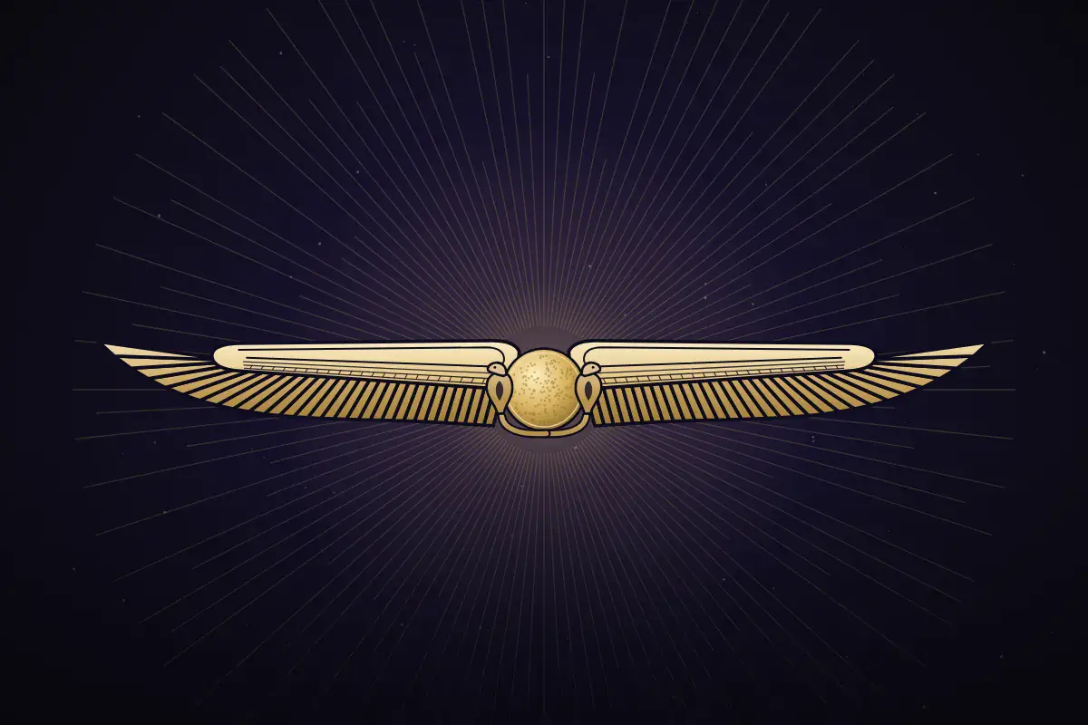 A gold winged sun radiating light