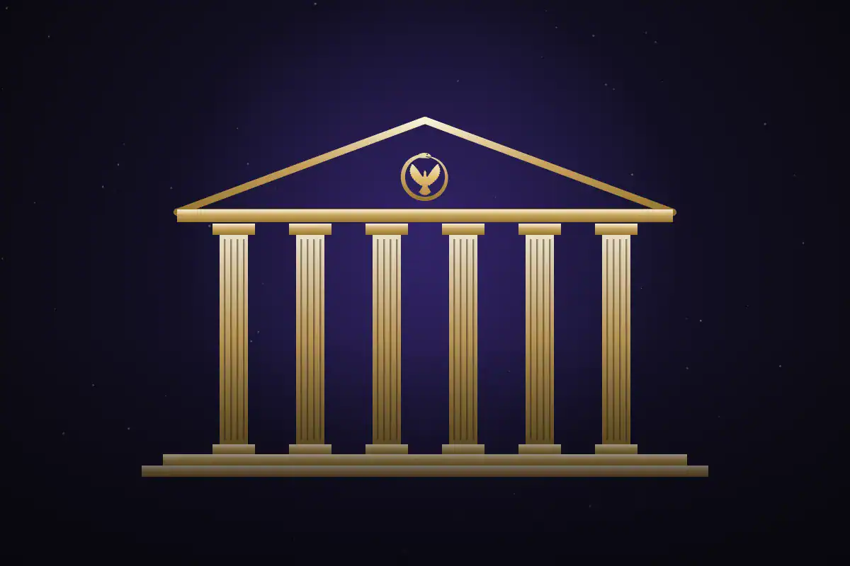A classical temple front under the stars