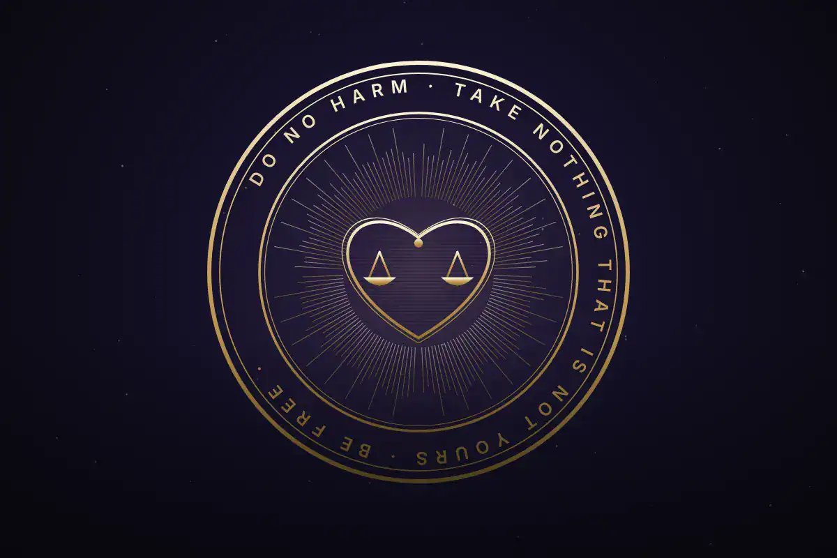 A gold seal with a heart and scales of justice, ringed by the words Do no harm